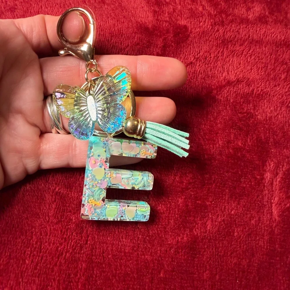 Letter E Resin Keychain Butterfly Tassel Initial Bag Charm Pastel Confetti Gold